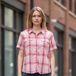 Eddie Bauer Light Pink Plaid Short-Sleeve Button-Down Shirt